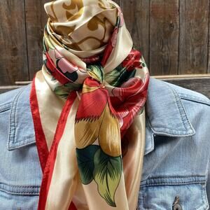 Wild Rag Scarf Floral Red Green Gold Cream 35x35 Polyester